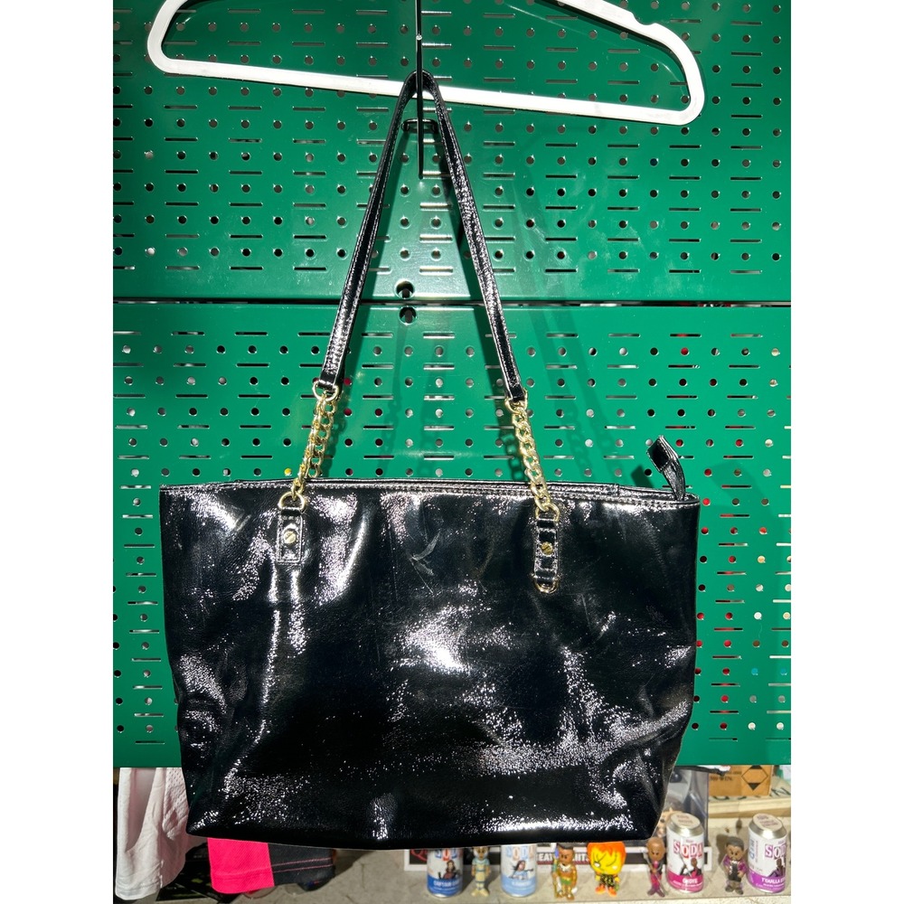 Michael Kors Black Patent Leather Tote Bag Gold Chain Shoulder Bag Zippered Top